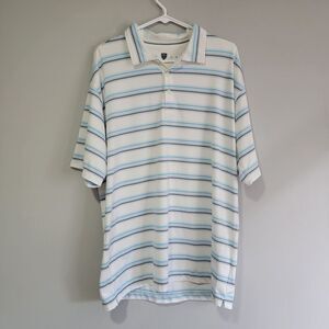 Nike Golf Dri Fit UV Polo Short Sleeve White Blue Stripe Large Shirt Casual Golf